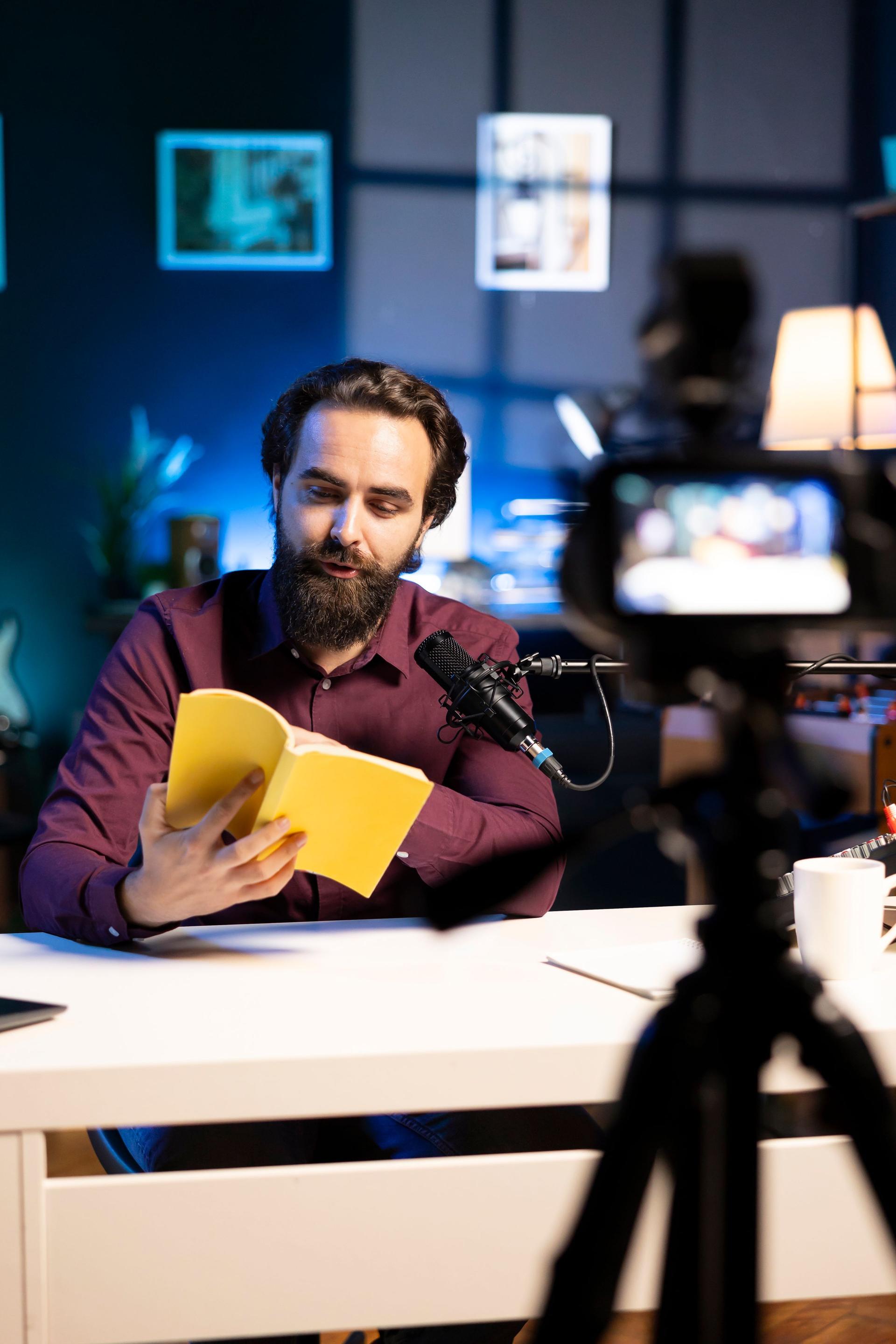 Experienced voice actor in studio working on audiobook recording production