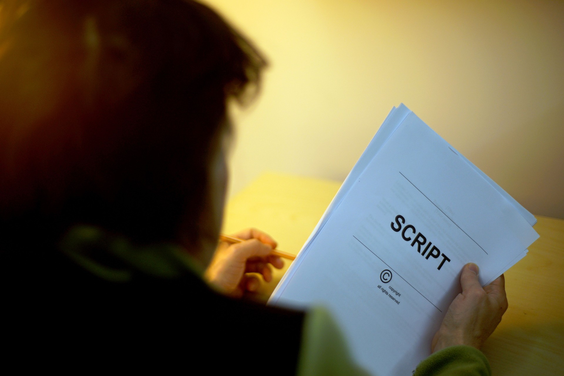 Screenwriter holds folder of documents labeled script